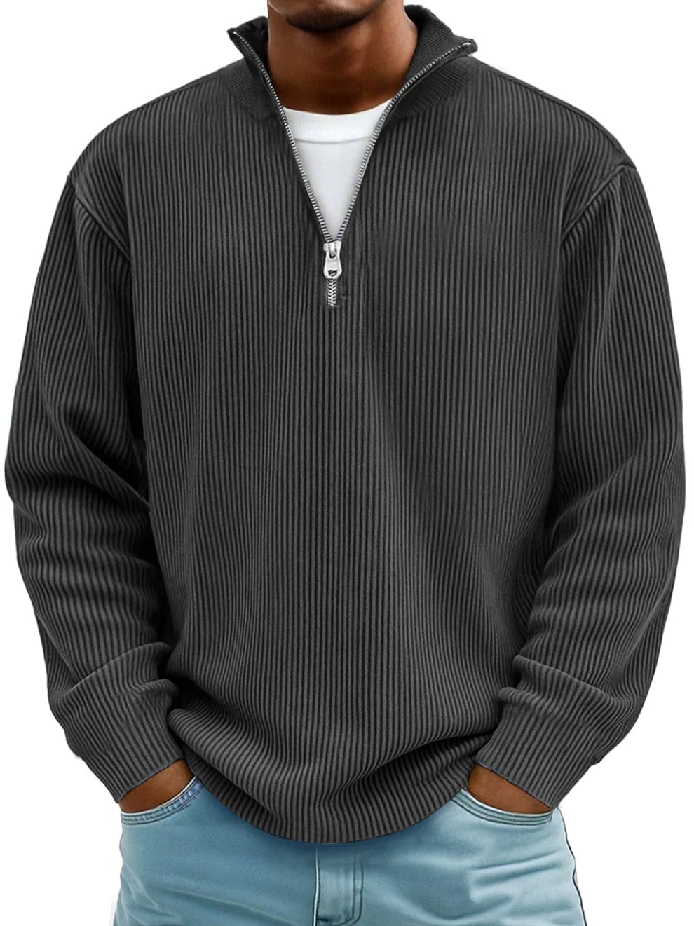 Men's ribbed quarter-zip jumper with a raised mock neck and long sleeves