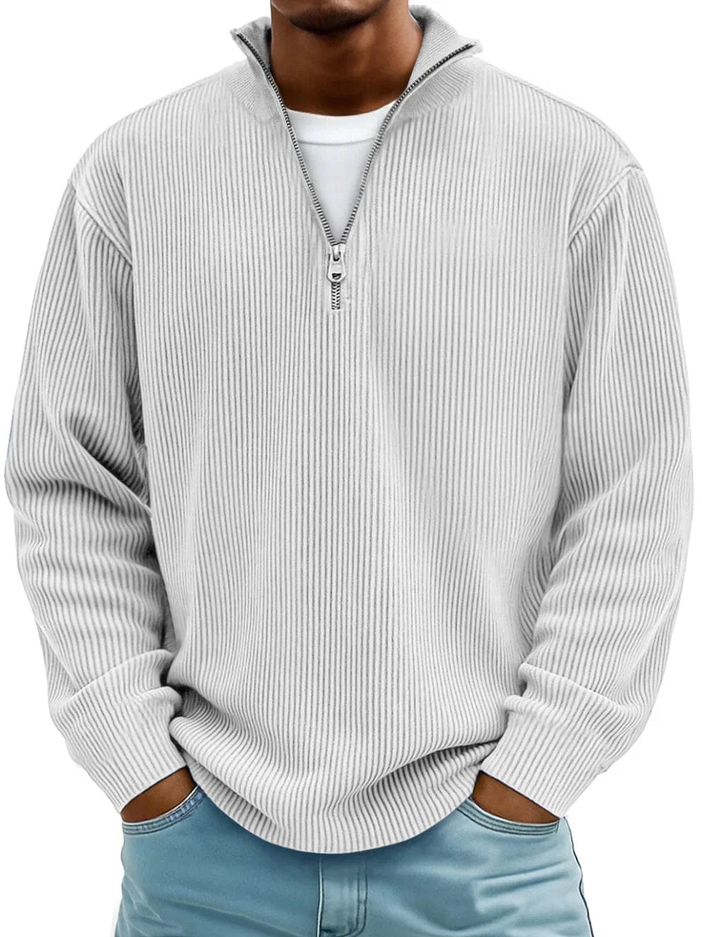 Men's ribbed quarter-zip jumper with a raised mock neck and long sleeves