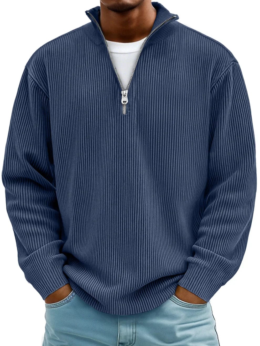 Men's ribbed quarter-zip jumper with a raised mock neck and long sleeves