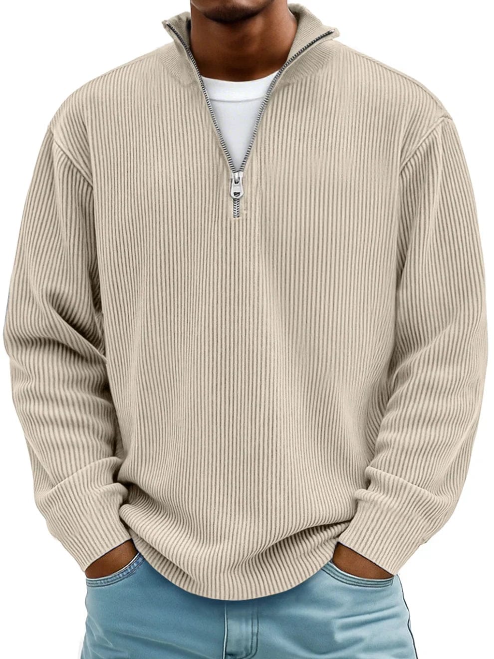 Men's ribbed quarter-zip jumper with a raised mock neck and long sleeves