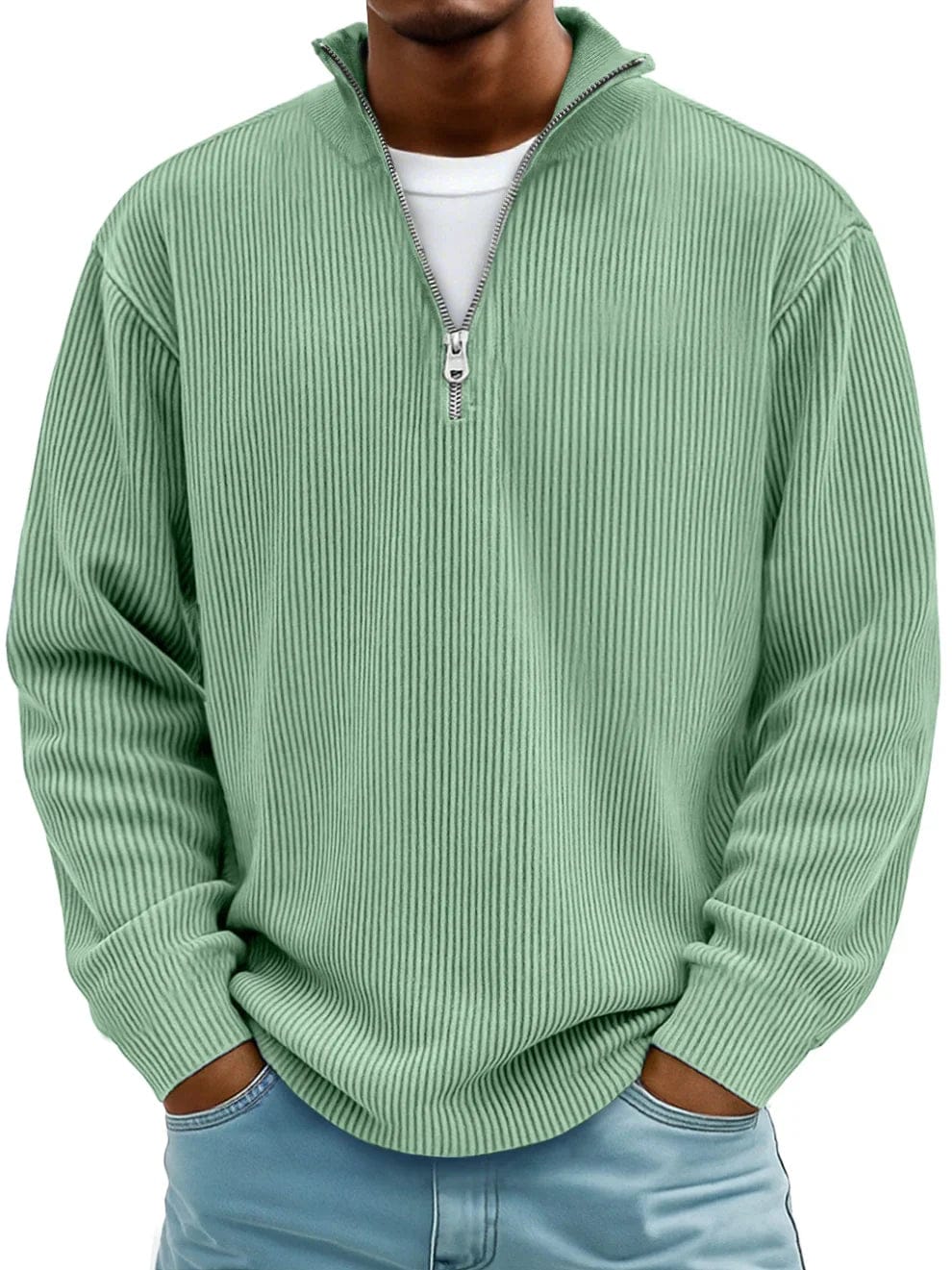 Men's ribbed quarter-zip jumper with a raised mock neck and long sleeves