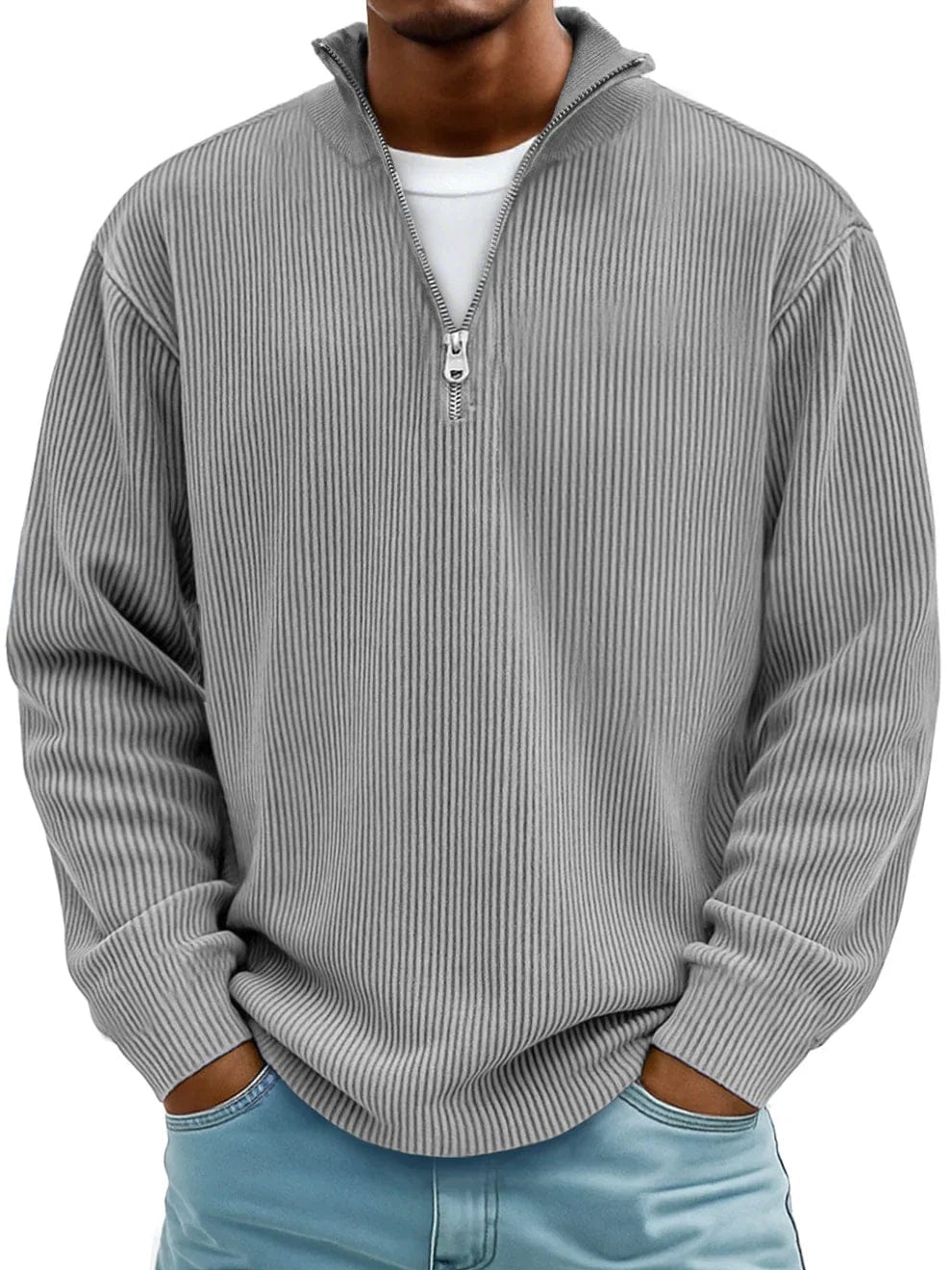 Men's ribbed quarter-zip jumper with a raised mock neck and long sleeves