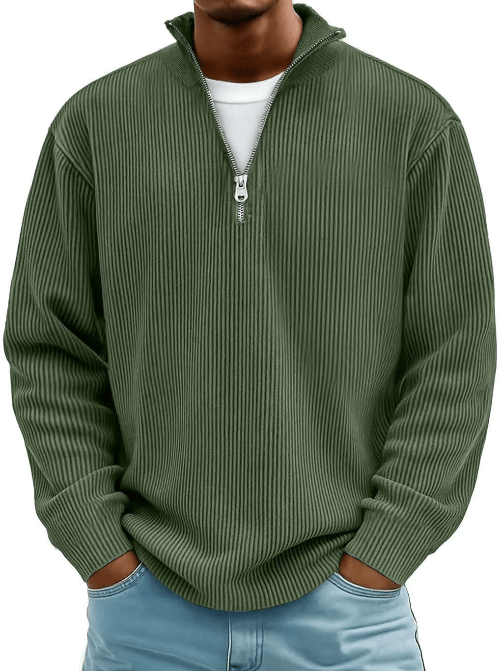 Men's ribbed quarter-zip jumper with a raised mock neck and long sleeves