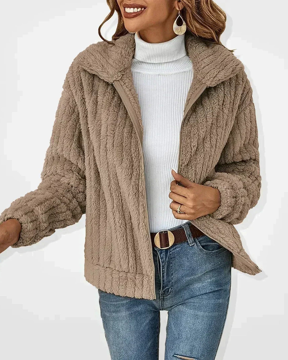 Women's hooded textured cardigan with long sleeves and zip front
