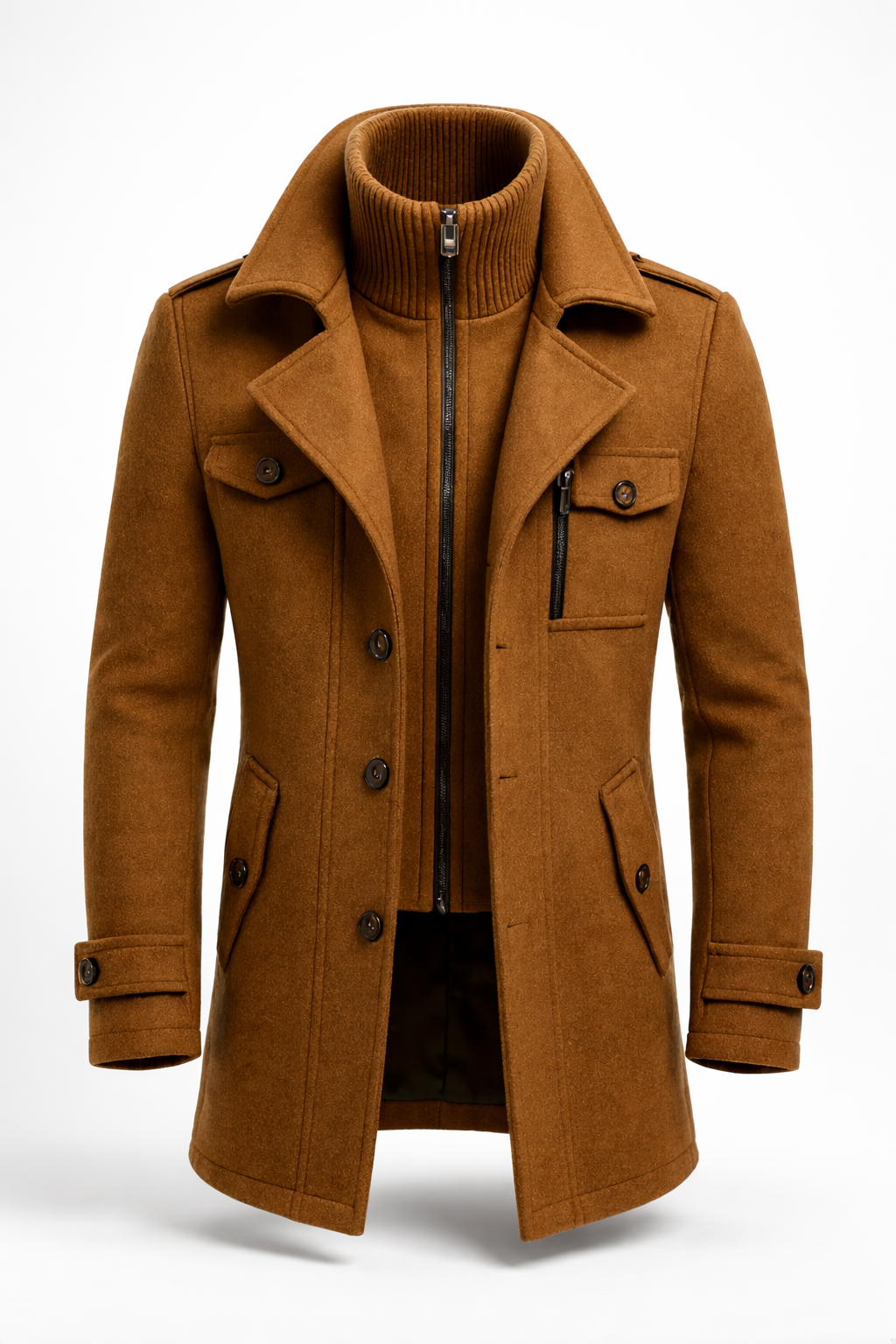 Men's textured long overcoat with high collar, lapels, button pockets and zip fastening