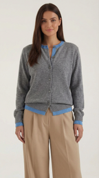 Women's slim-fit knitted cardigan with button front, long sleeves and contrasting ribbed trims