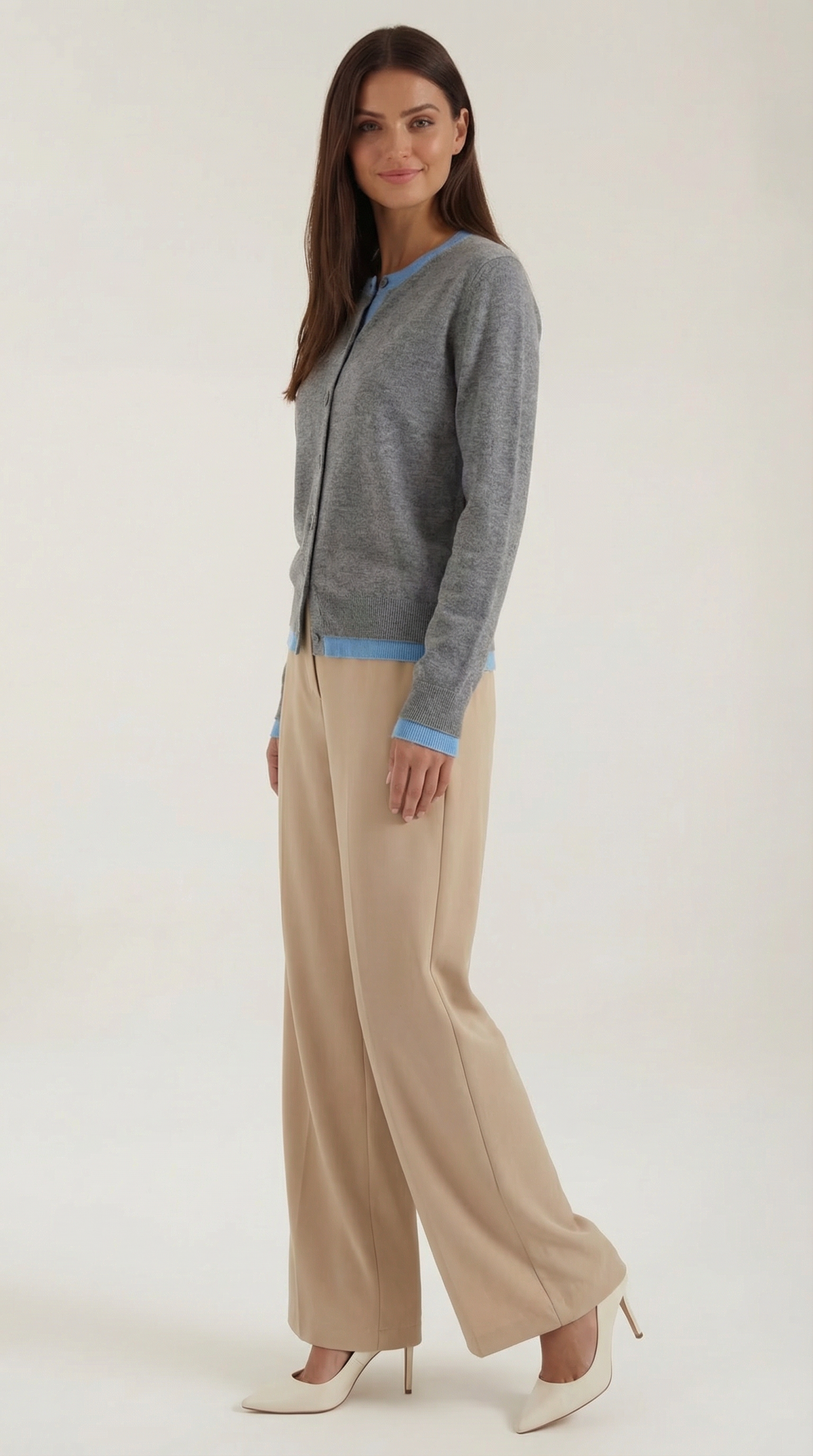 Women's slim-fit knitted cardigan with button front, long sleeves and contrasting ribbed trims