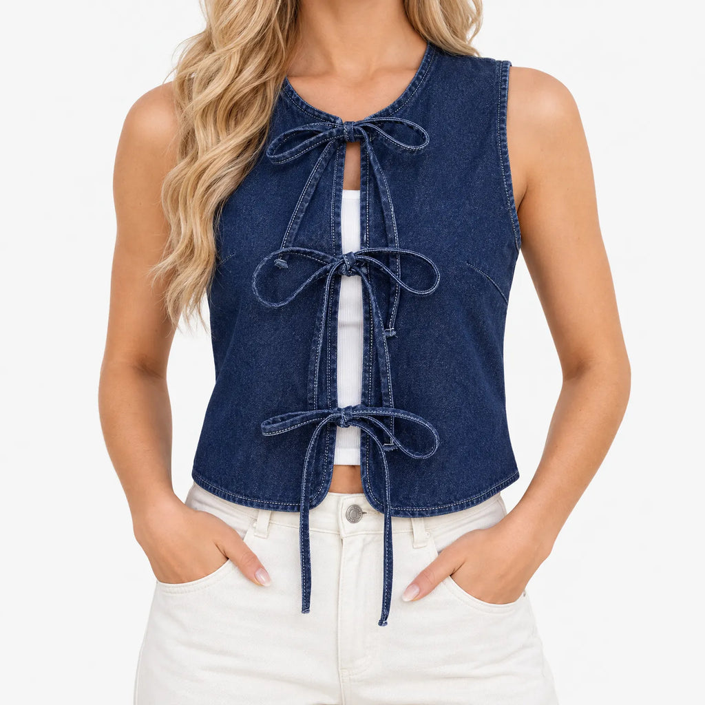 Celara  - Tie-Front Denim Waistcoat Layering Over T-Shirts