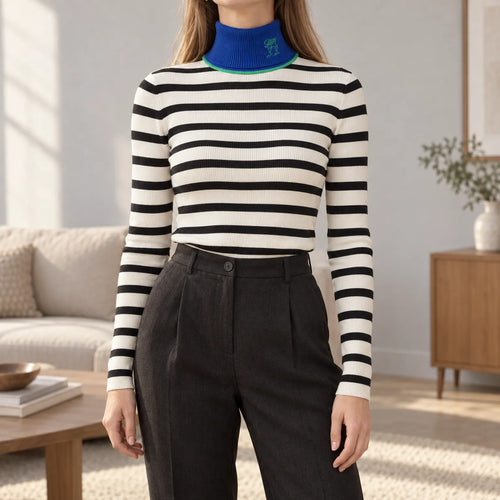 Celoria  - Striped Turtleneck Jumper Layering Under Coats