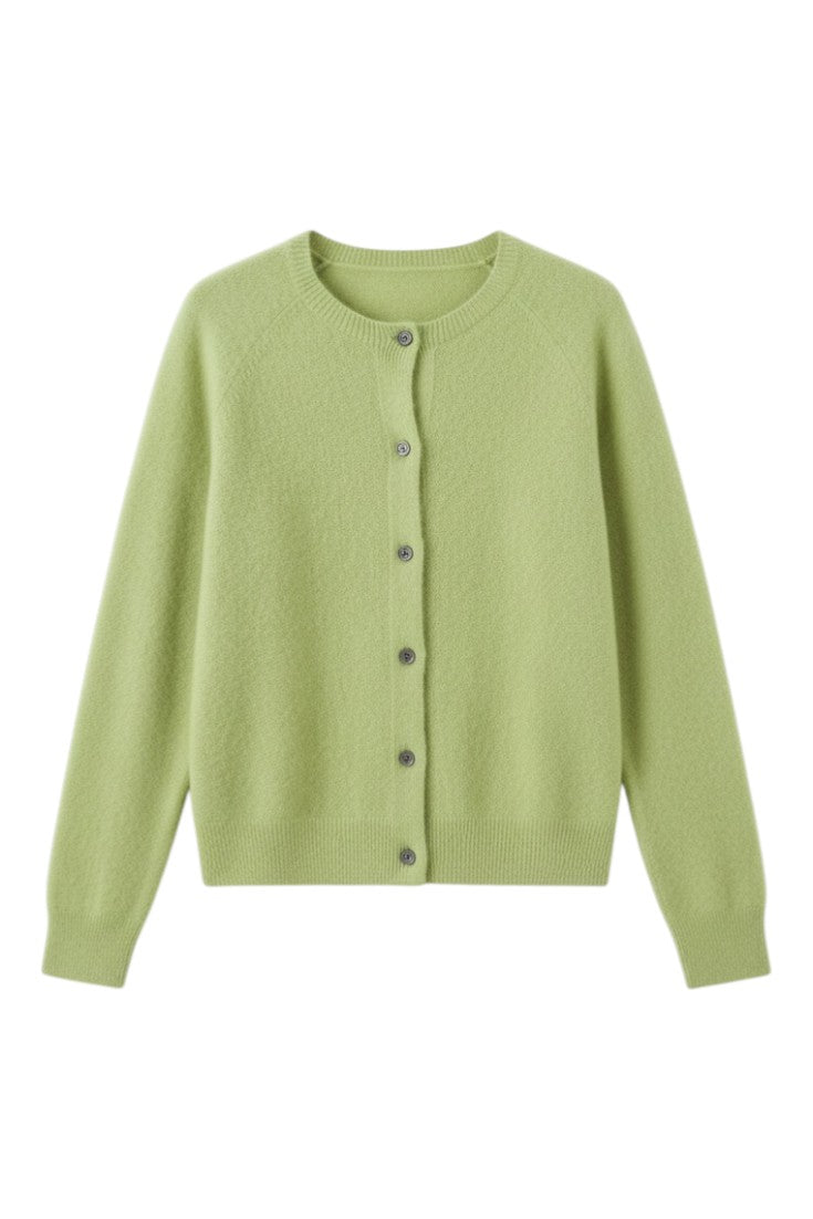 Women's plain button front cardigan with round neckline and long sleeves