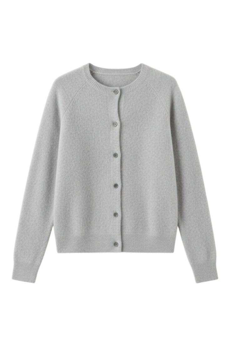 Women's plain button front cardigan with round neckline and long sleeves