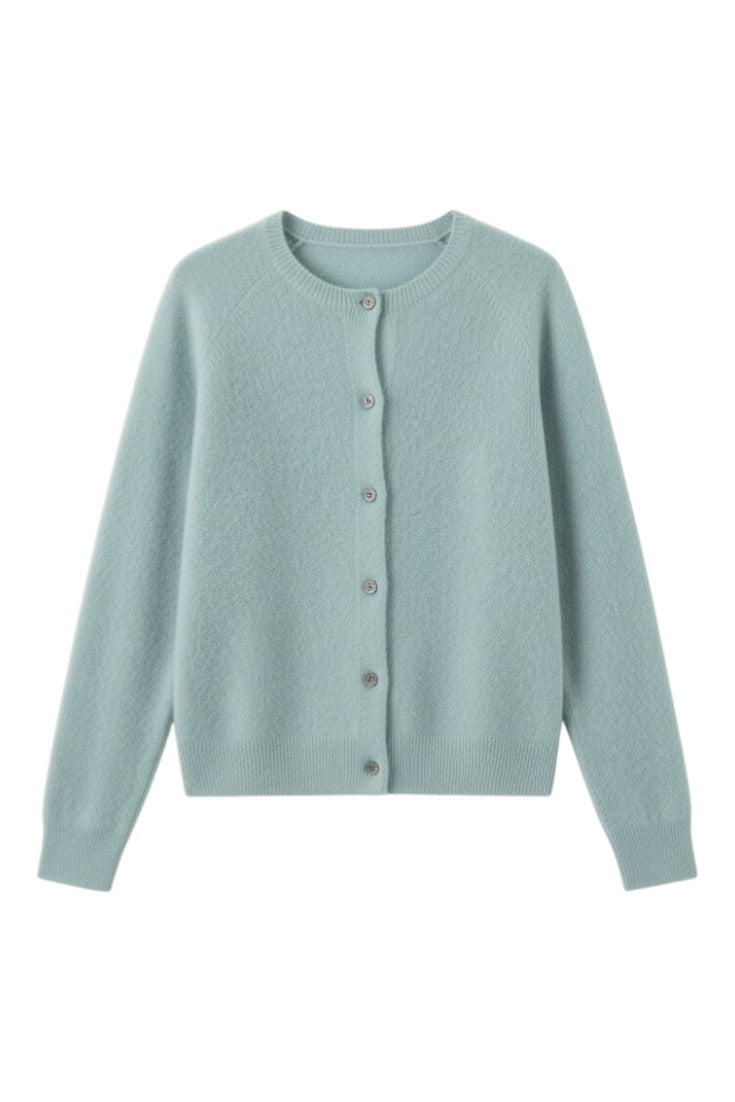 Women's plain button front cardigan with round neckline and long sleeves