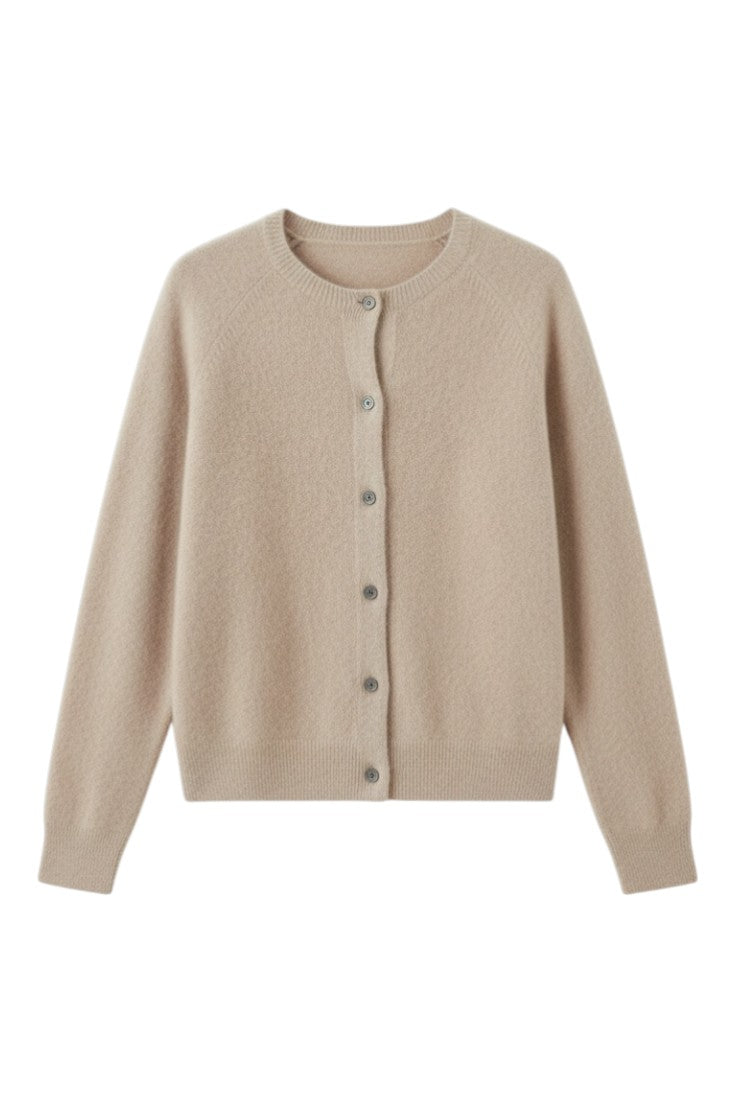 Women's plain button front cardigan with round neckline and long sleeves