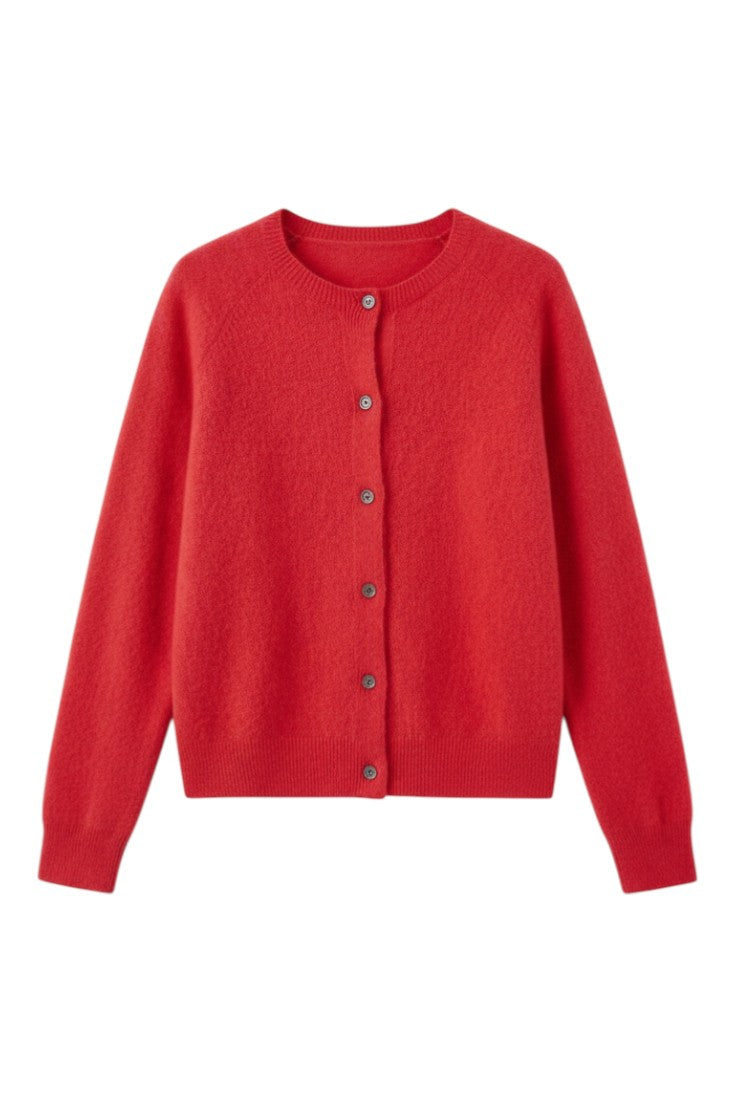 Women's plain button front cardigan with round neckline and long sleeves