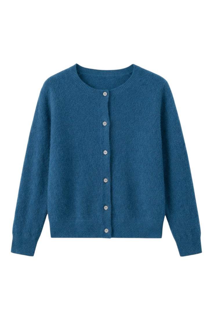 Women's plain button front cardigan with round neckline and long sleeves