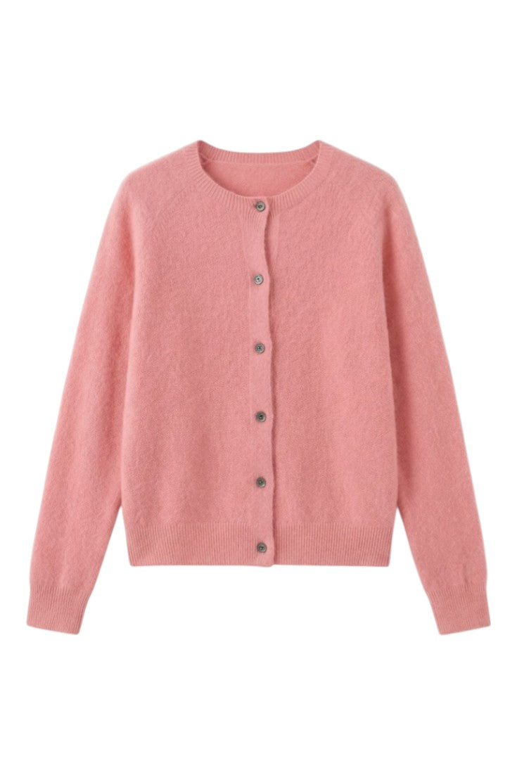 Women's plain button front cardigan with round neckline and long sleeves