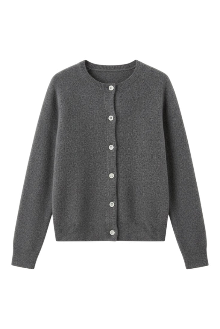 Women's plain button front cardigan with round neckline and long sleeves