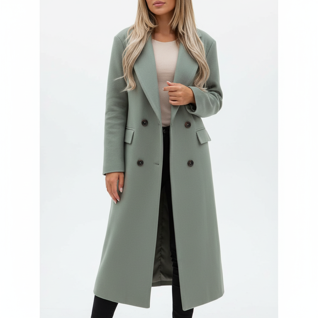 Women's longline double-breasted trench coat with notched lapels and flap pockets