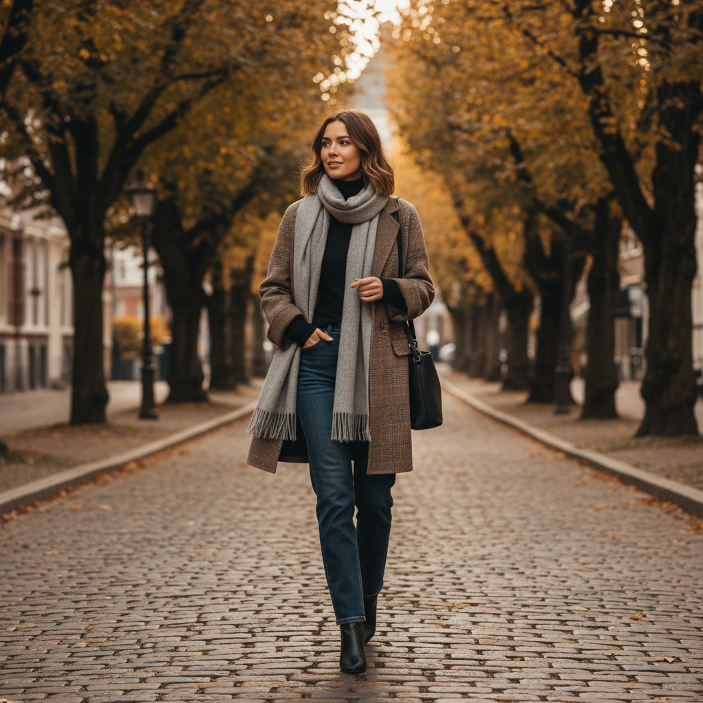 Women's checked trench coat with notch lapels, button front and patch pockets