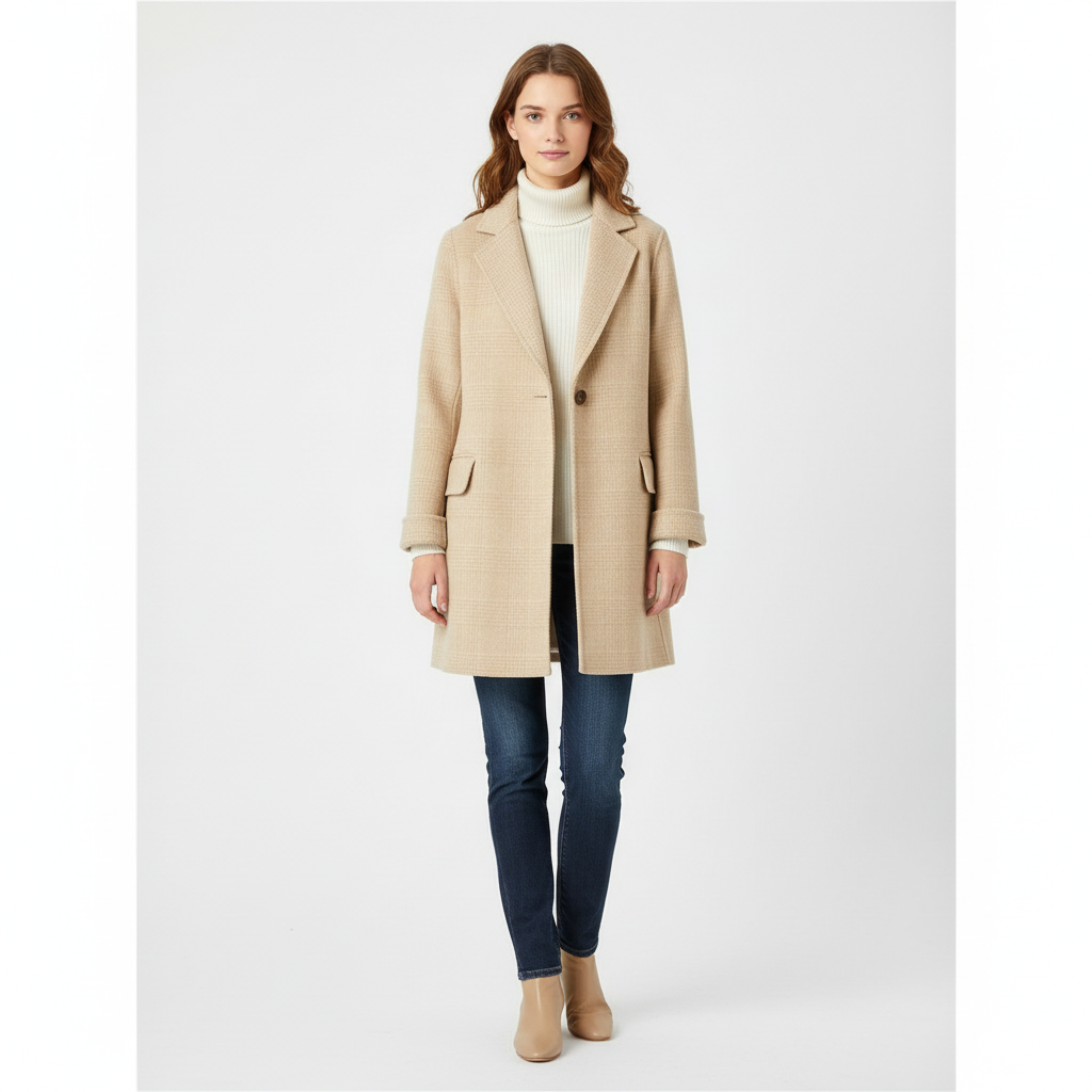 Women's checked trench coat with notch lapels, button front and patch pockets