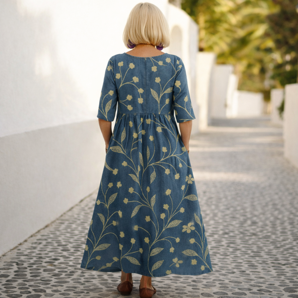 Women's floral midi dress with gathered waist, round neckline and three-quarter sleeves
