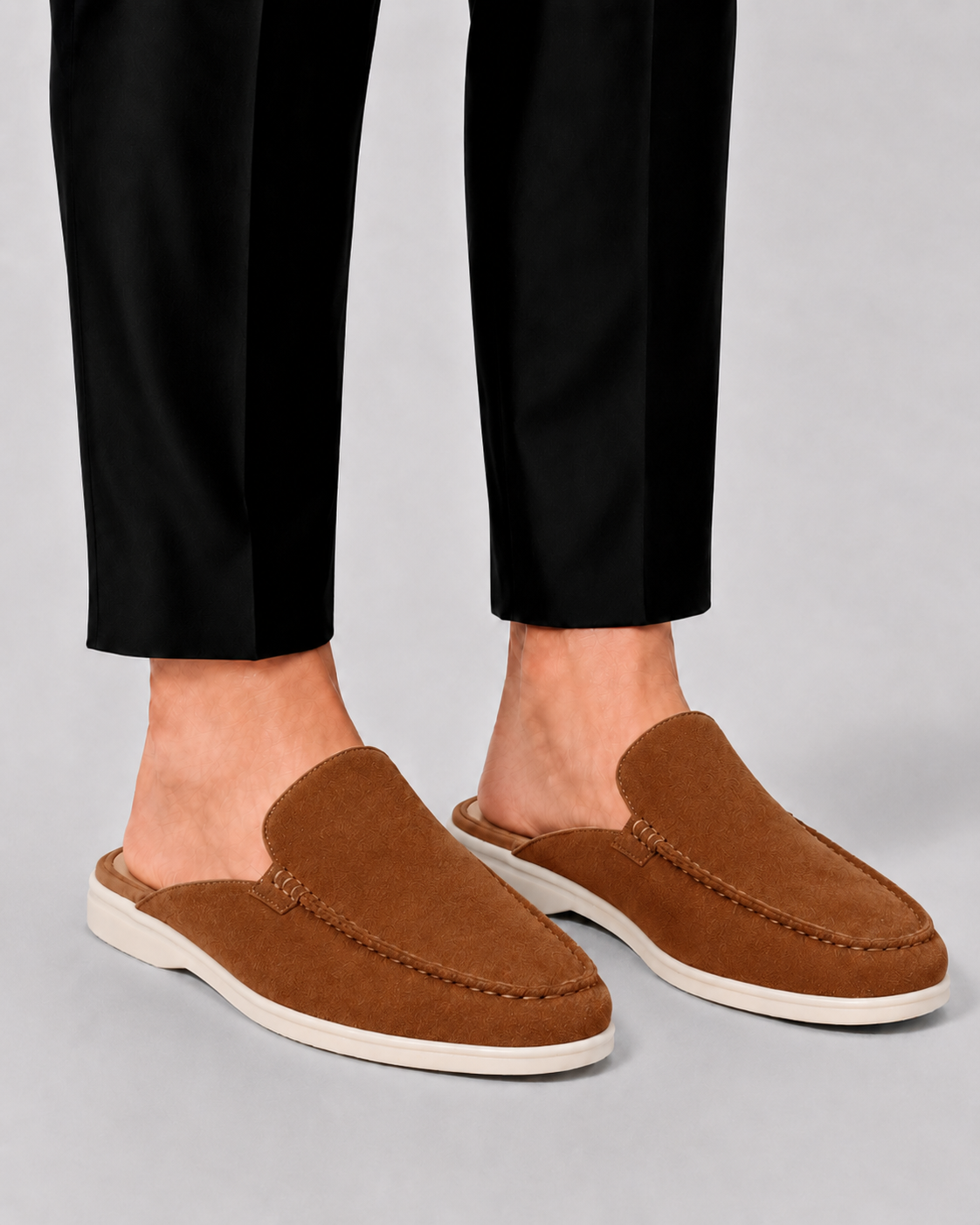 Men's open-heel loafer mules with rounded moc toes and stitched trim