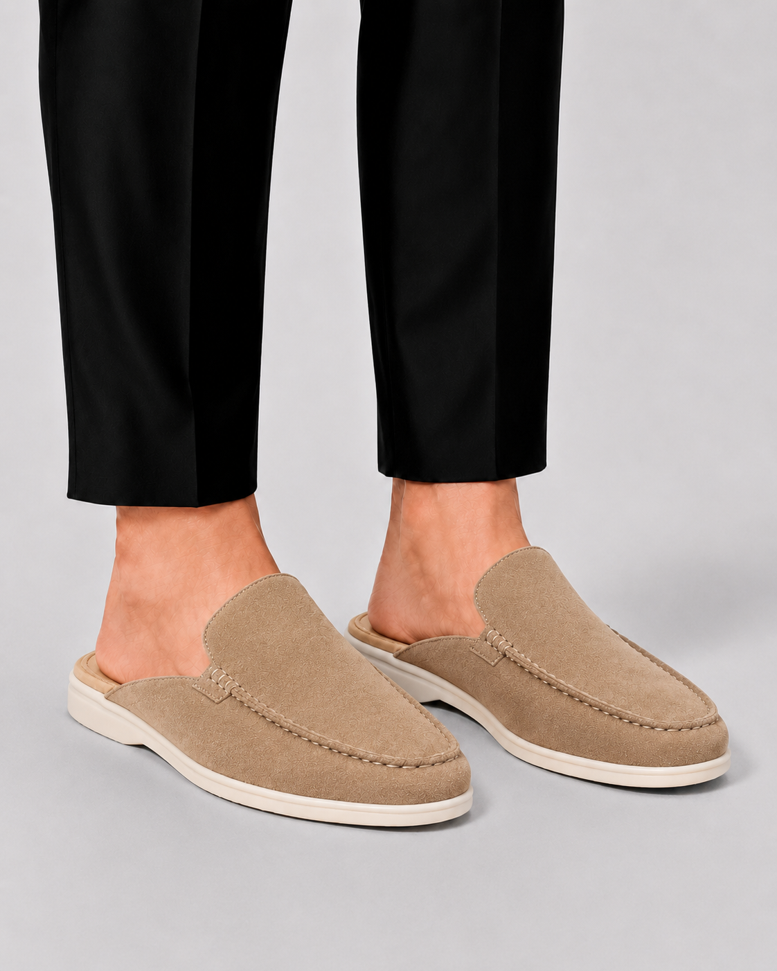 Men's open-heel loafer mules with rounded moc toes and stitched trim