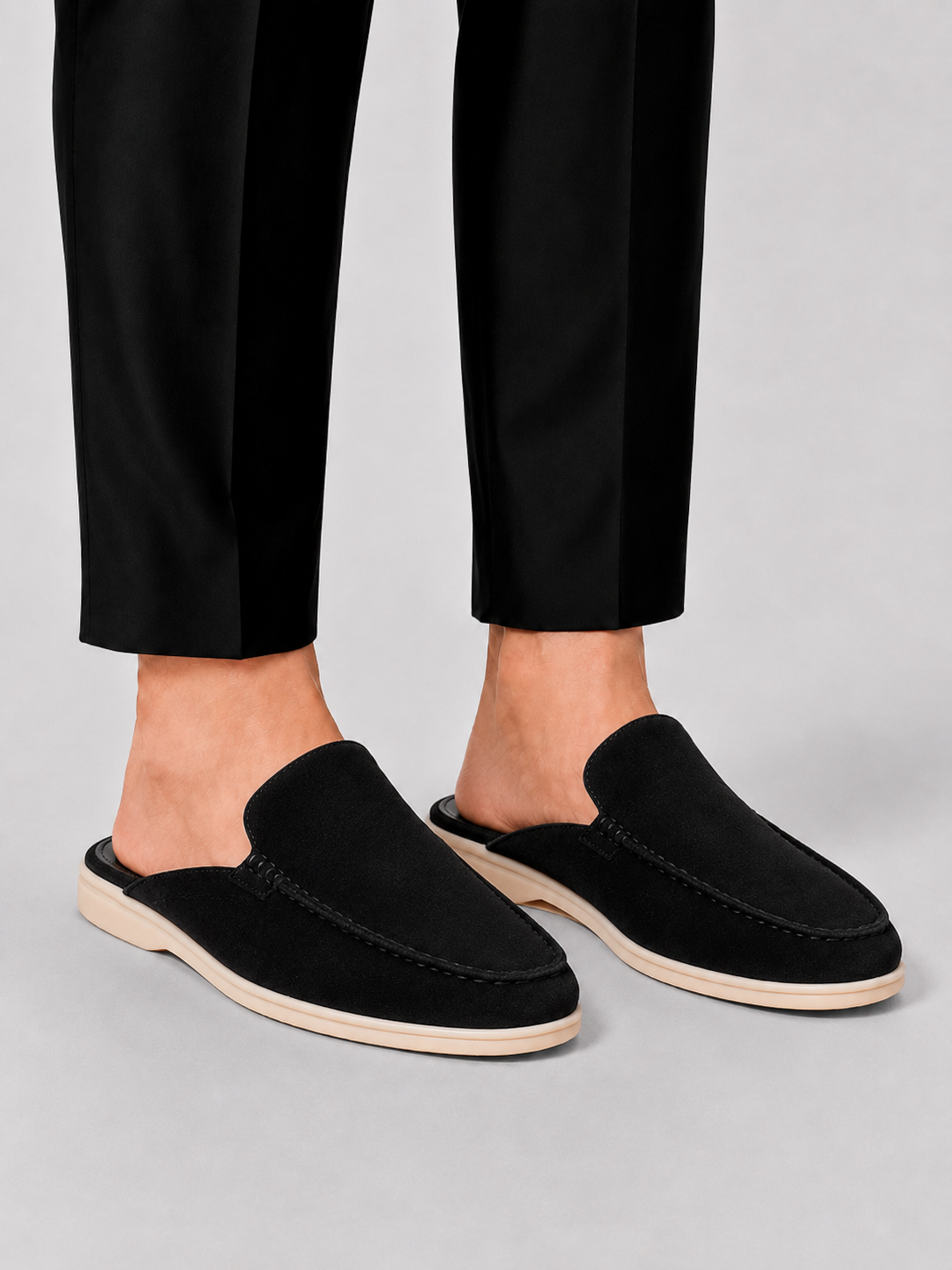 Men's open-heel loafer mules with rounded moc toes and stitched trim