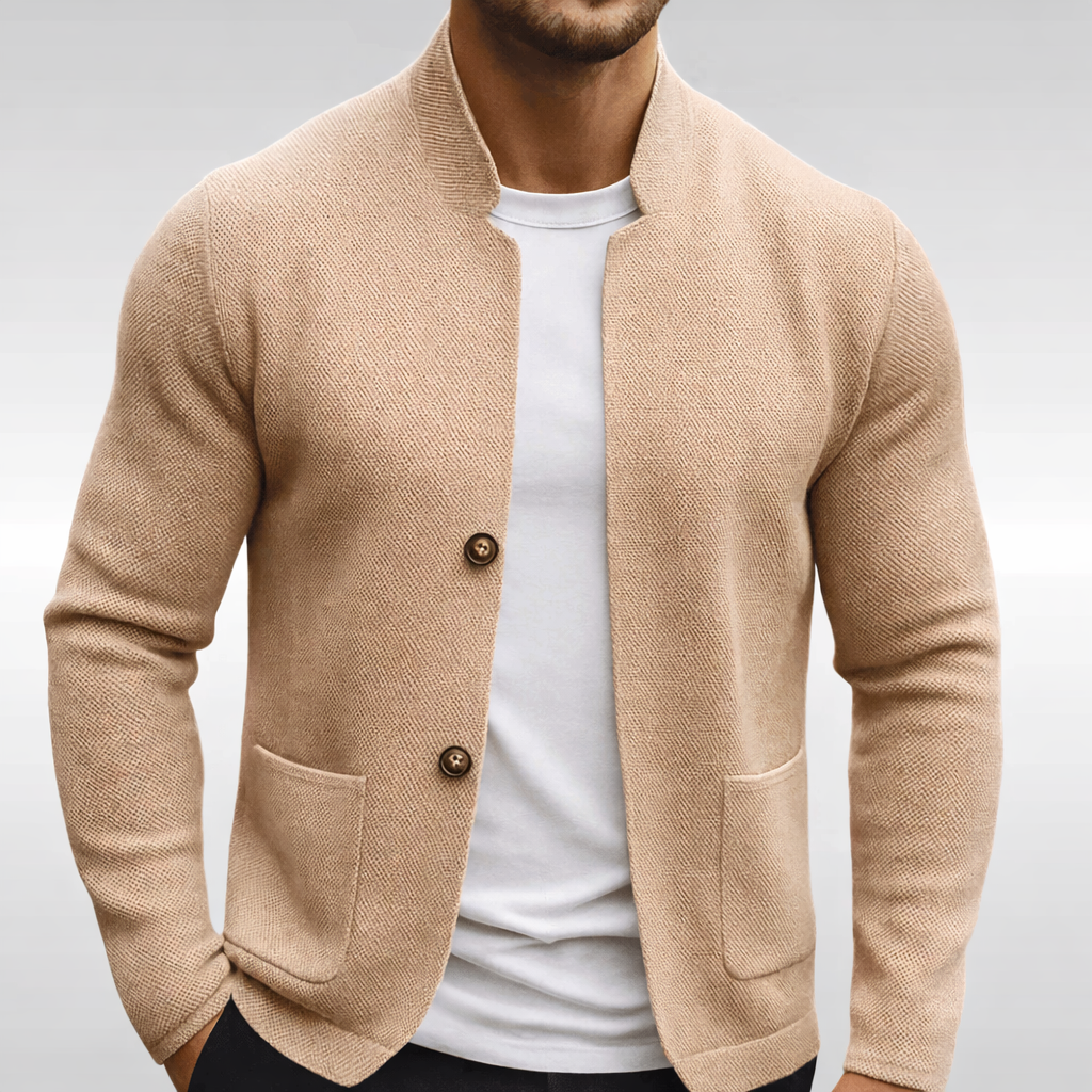 Men's textured knit blazer with Mandarin collar, long sleeves and patch pockets