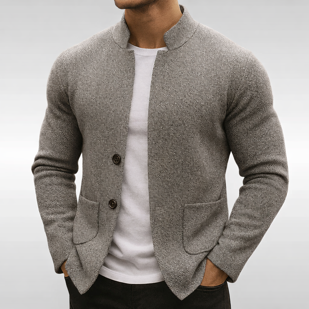 Men's textured knit blazer with Mandarin collar, long sleeves and patch pockets