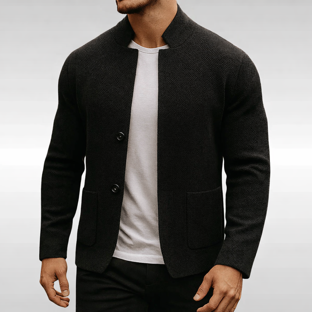 Men's textured knit blazer with Mandarin collar, long sleeves and patch pockets
