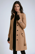 Women's long high-neck button-front trench coat with flap pockets and adjustable cuffs