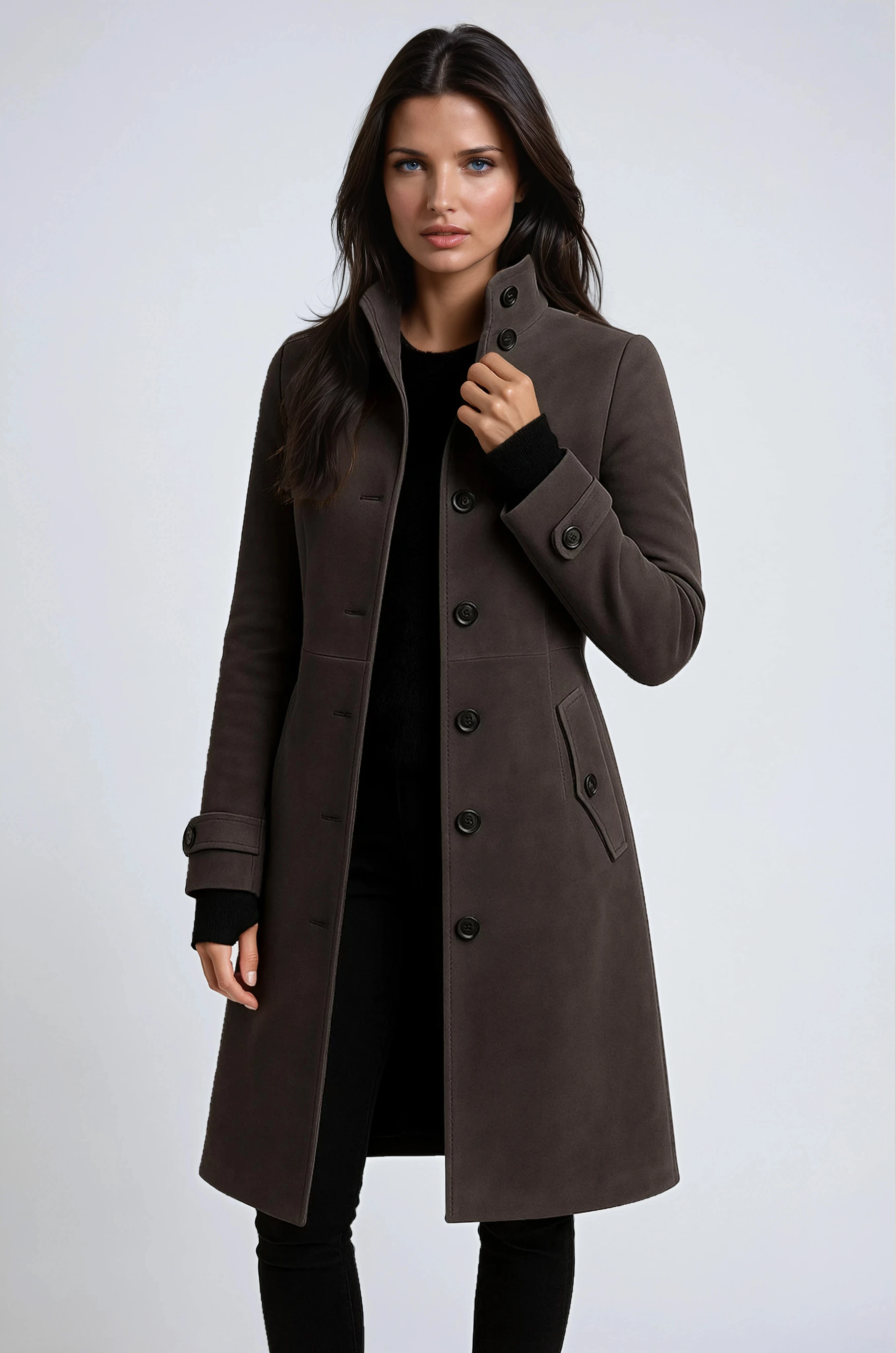 Women's long high-neck button-front trench coat with flap pockets and adjustable cuffs