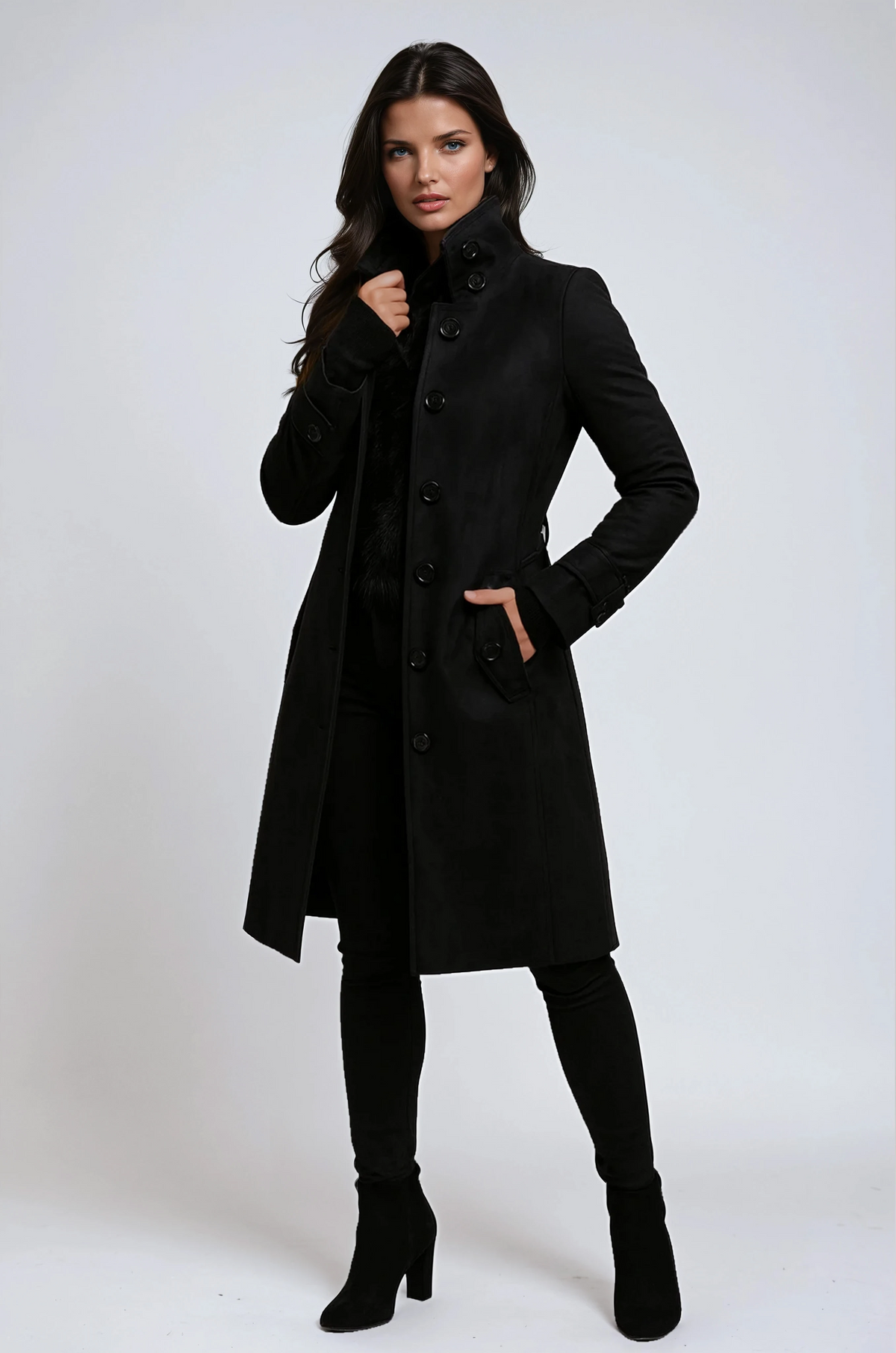 Women's long high-neck button-front trench coat with flap pockets and adjustable cuffs
