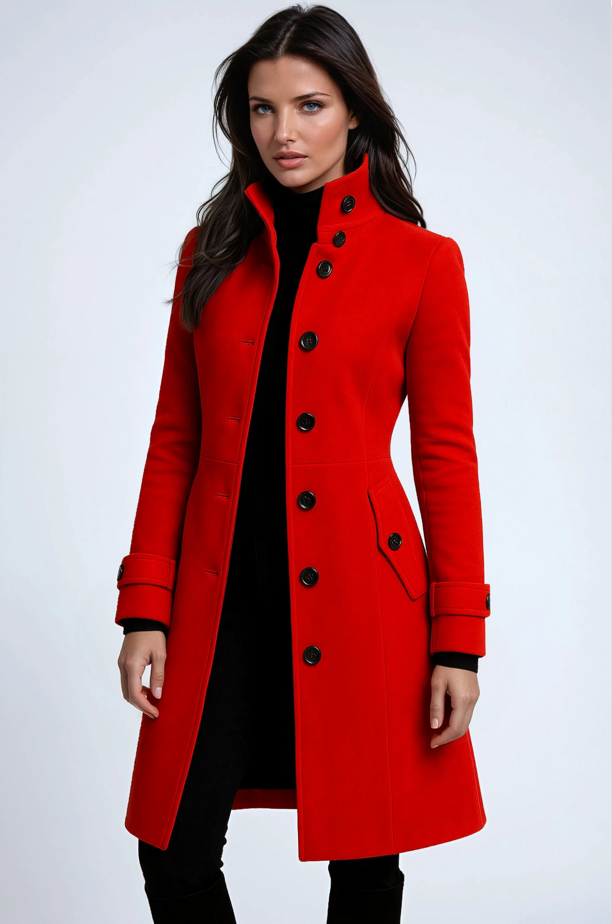 Women's long high-neck button-front trench coat with flap pockets and adjustable cuffs