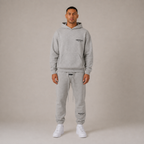 Men's grey hooded sweatshirt and jogger trouser set