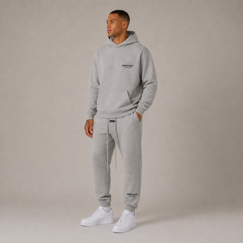 Men's grey hooded sweatshirt and jogger trouser set