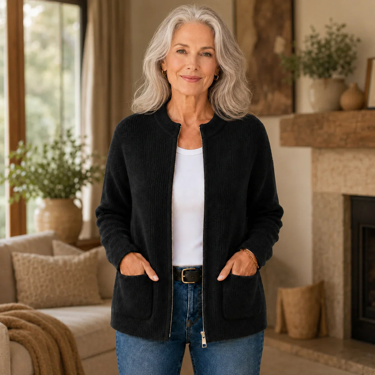 Women's ribbed knit cardigan with zip front, long sleeves and patch pockets