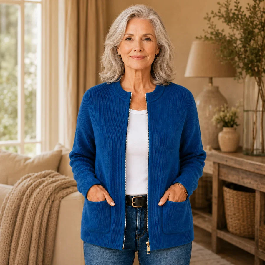 Women's ribbed knit cardigan with zip front, long sleeves and patch pockets