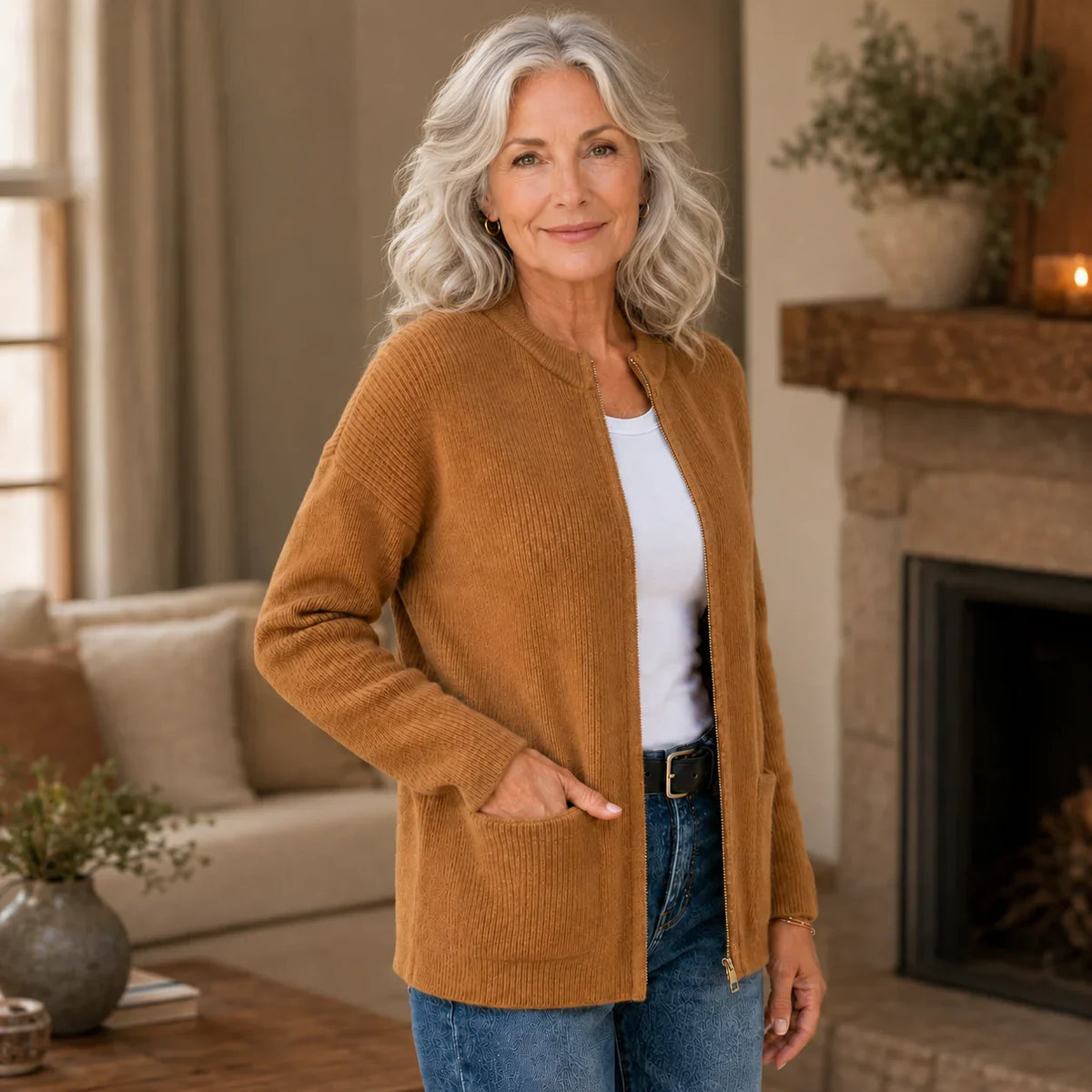 Women's ribbed knit cardigan with zip front, long sleeves and patch pockets