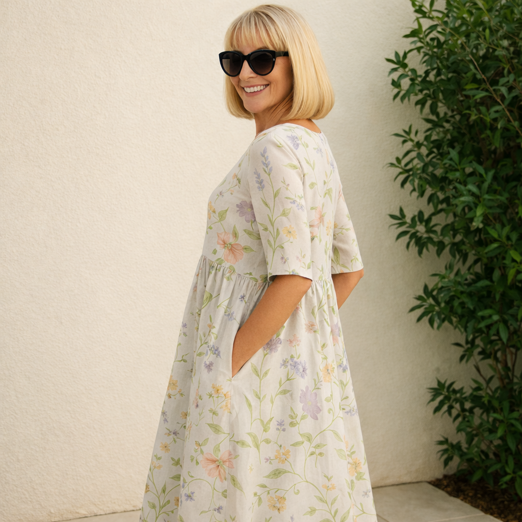 Women's floral midi dress with gathered waist, round neckline and three-quarter sleeves