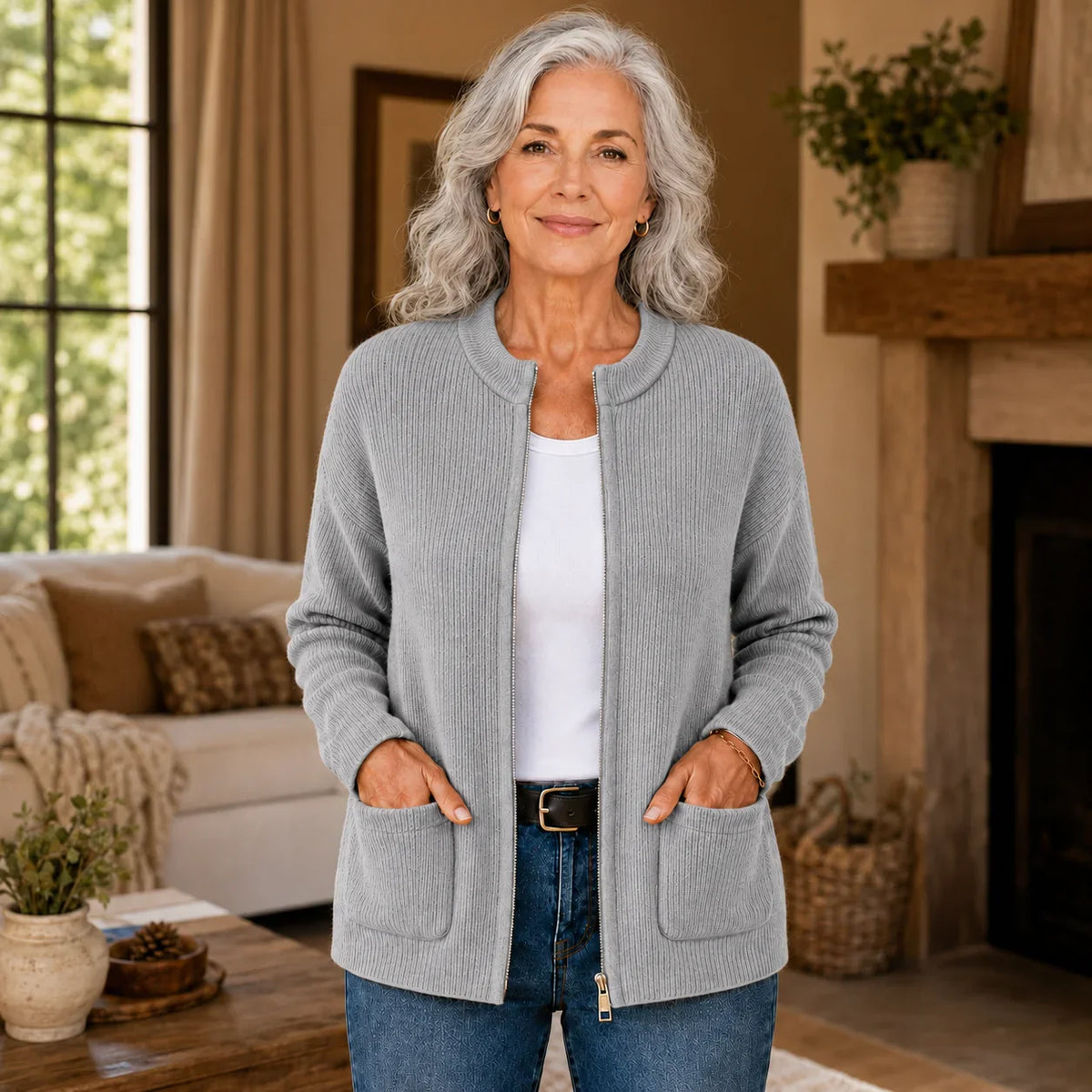 Women's ribbed knit cardigan with zip front, long sleeves and patch pockets