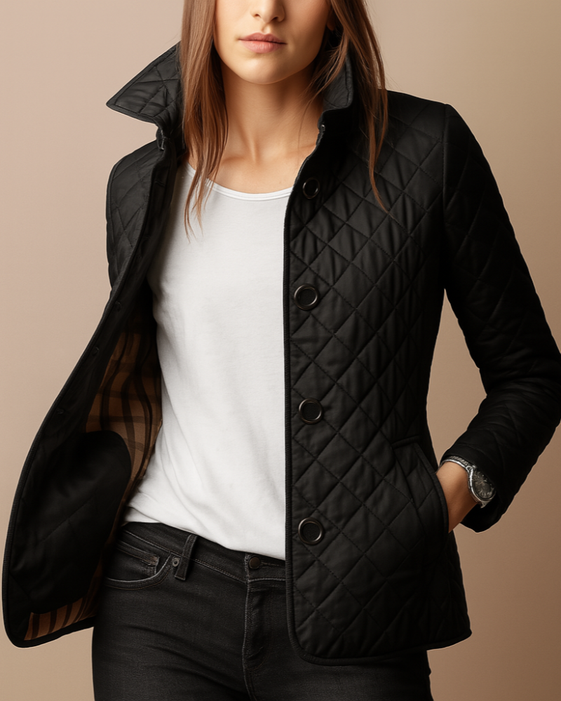 Women's diamond quilted jacket with stand collar and button front