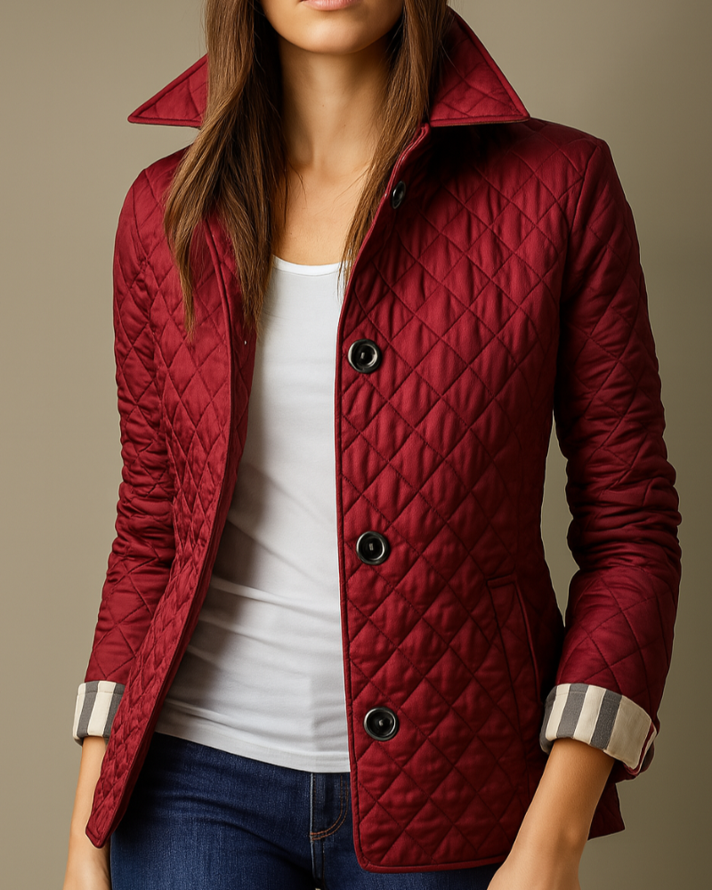 Women's diamond quilted jacket with stand collar and button front