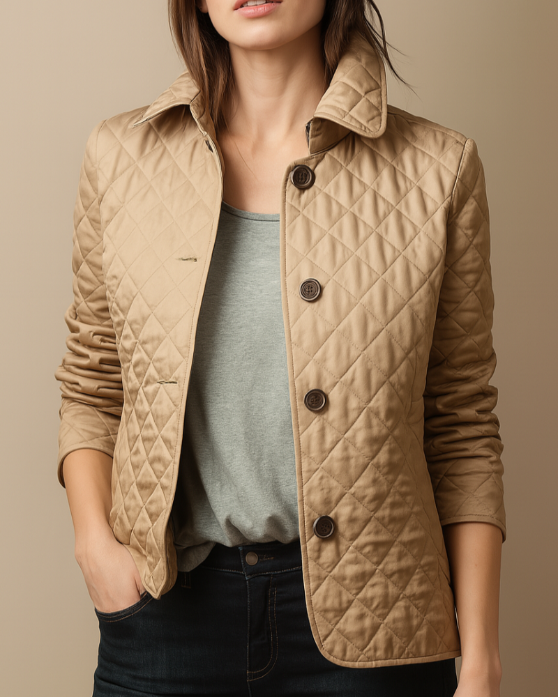 Women's diamond quilted jacket with stand collar and button front