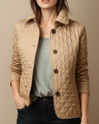 Women's diamond quilted jacket with stand collar and button front