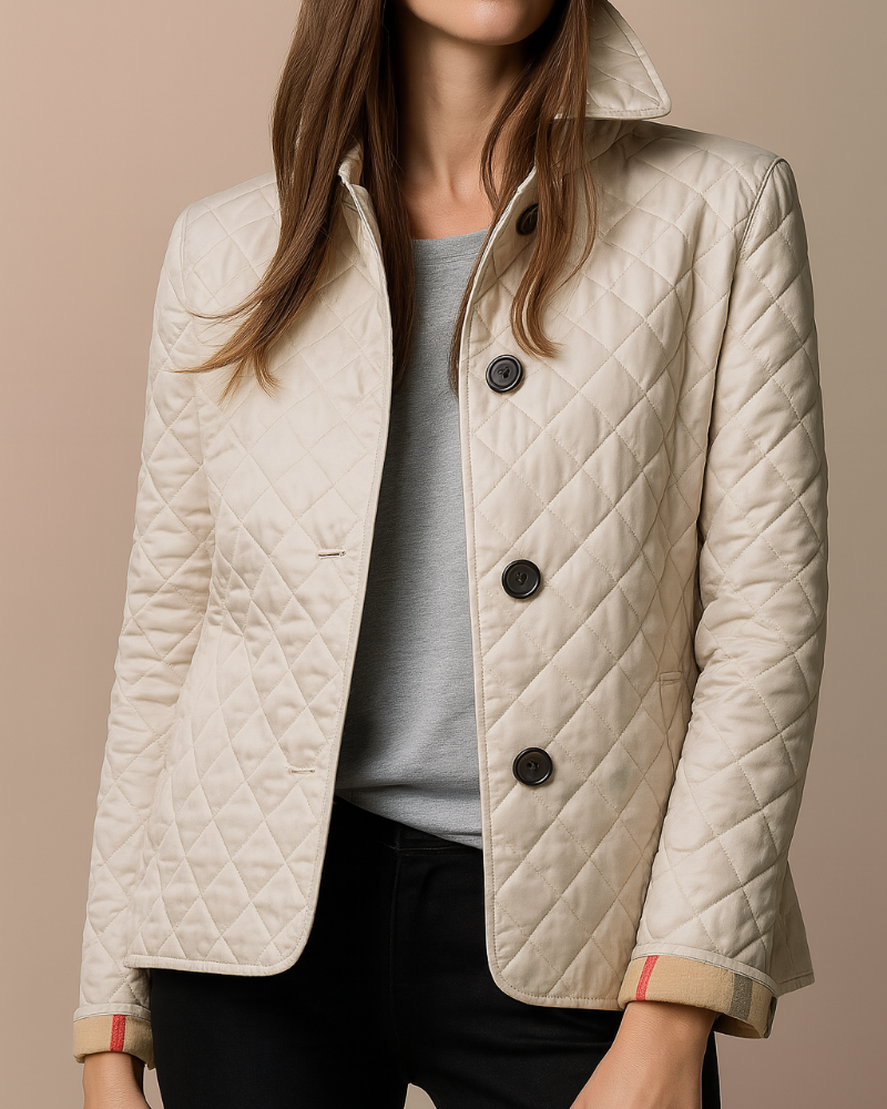 Women's diamond quilted jacket with stand collar and button front