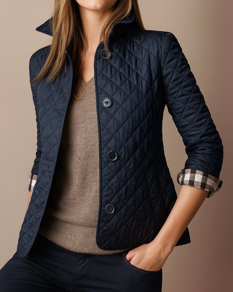 Women's diamond quilted jacket with stand collar and button front