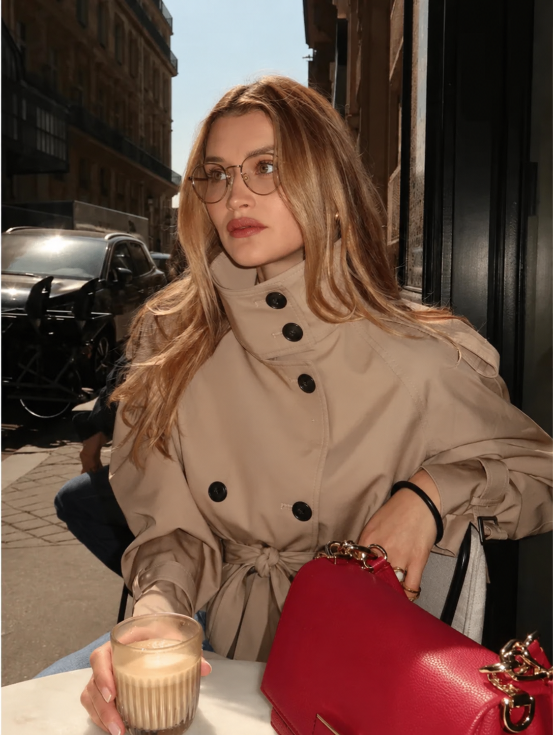 Women's belted double-breasted jacket with high collar and long sleeves