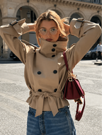 Women's belted double-breasted jacket with high collar and long sleeves